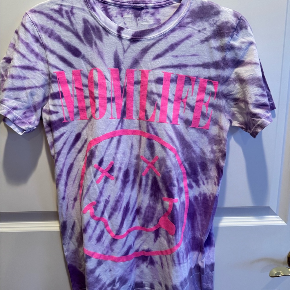 Slyfox Threads “MOMLIFE" Tie-Dye Tee in Purple with Pink Graphic